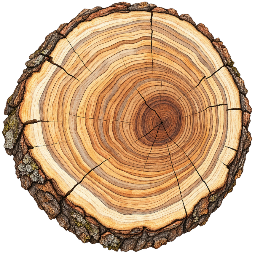 A cut log · each ring is one year of growth