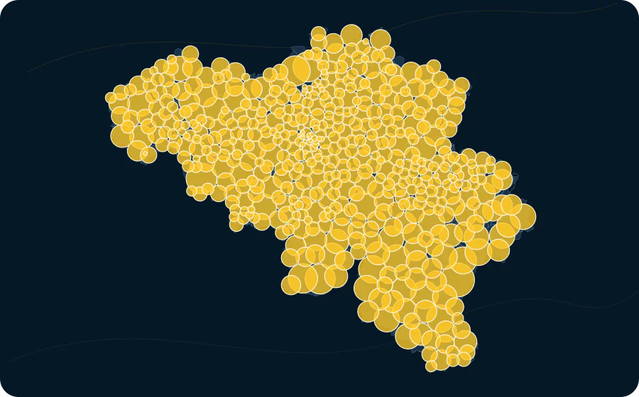 Surface cadastrale, 2025. La surface de chaque cercle est proportionnelle à la valeur publiée ; les polygones neutres préservent les limites officielles exactes et les valeurs manquantes n’ont pas de symbole.