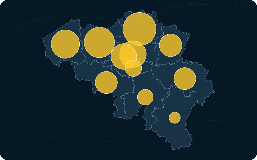 Entreprises assujetties à la TVA par classe d'emploi, 2024. La surface de chaque cercle est proportionnelle à la valeur publiée ; les polygones neutres préservent les limites officielles exactes et les valeurs manquantes n’ont pas de symbole.