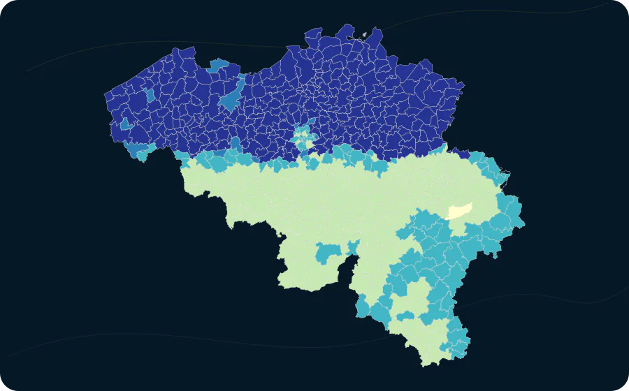 Stimmenanteil der ausgewählten Partei — Partei: N-VA, 2024. Exakte amtliche Grenzen; fehlende Werte bleiben neutral.