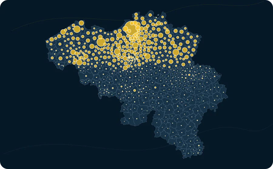 Voix du parti sélectionné — Parti: N-VA, 2024. La surface de chaque cercle est proportionnelle à la valeur publiée ; les polygones neutres préservent les limites officielles exactes et les valeurs manquantes n’ont pas de symbole.