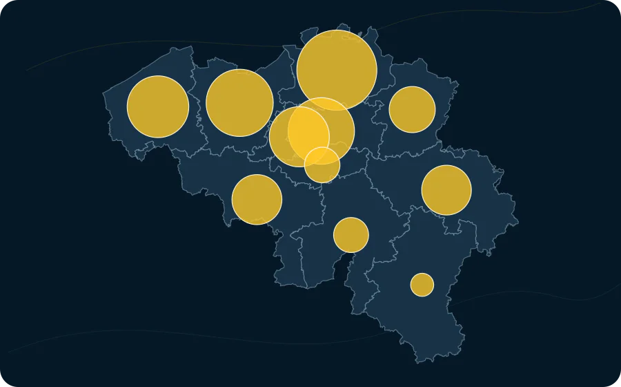 Entreprises TVA survivantes — Horizon de survie: Après 1 an, 2023. La surface de chaque cercle est proportionnelle à la valeur publiée ; les polygones neutres préservent les limites officielles exactes et les valeurs manquantes n’ont pas de symbole.