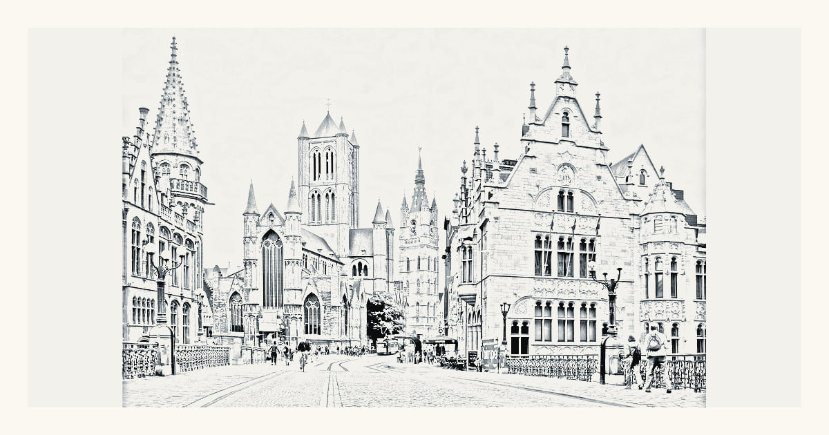 Ghent’s three towers and the Graslei, a documented local view of Ghent